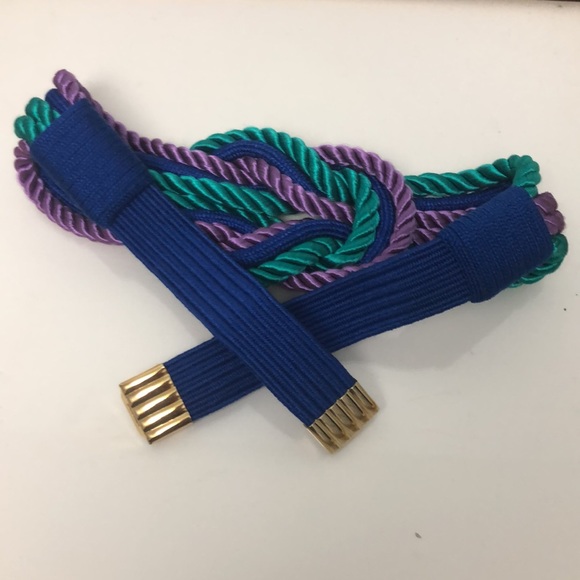 Vintage 80s Braided Rope Cord Belt Purple Blue Teal w Hook Clasp 25” Waist - Picture 2 of 10